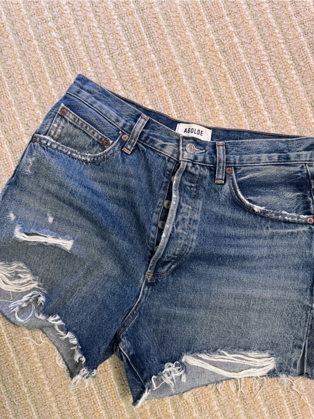 Agolde Frayed High-Rise Distressed Denim Shorts - Blue